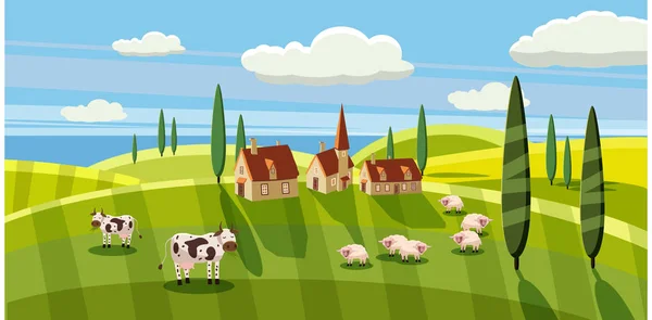 Прекрасный сельский пейзаж, выпас коровьих овец, ферма, цветы, пастбища, стиль мультфильма, векторная иллюстрация — стоковый вектор