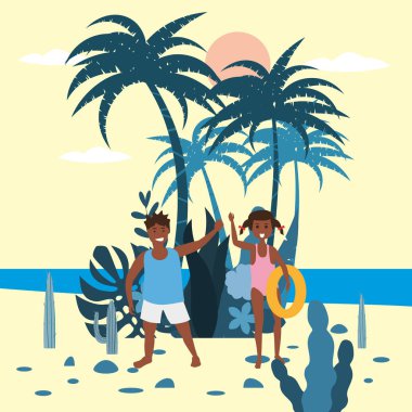 Palmiye denizi, okyanus, plaj egzotik bitkilerin arka planda bir lastik halka ile Childs kız ve erkek. Trend modern düz karikatür, vektör, izole, poster