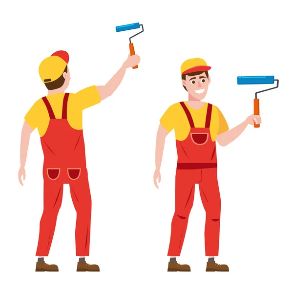 Pintor hombre pinta la pared está sosteniendo un rodillo de pintura en la mano, profesión, vista frontal y trasera, carácter, uniforme, cubo. Ilustración vectorial del estilo de diseño plano de dibujos animados, aislado — Vector de stock