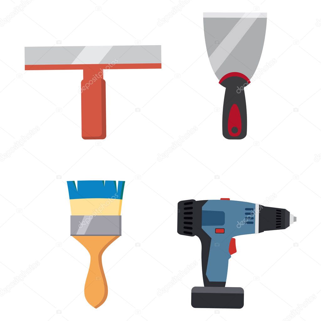 Set tools putty knife, spatula, brush, electric screwdriver repair tool