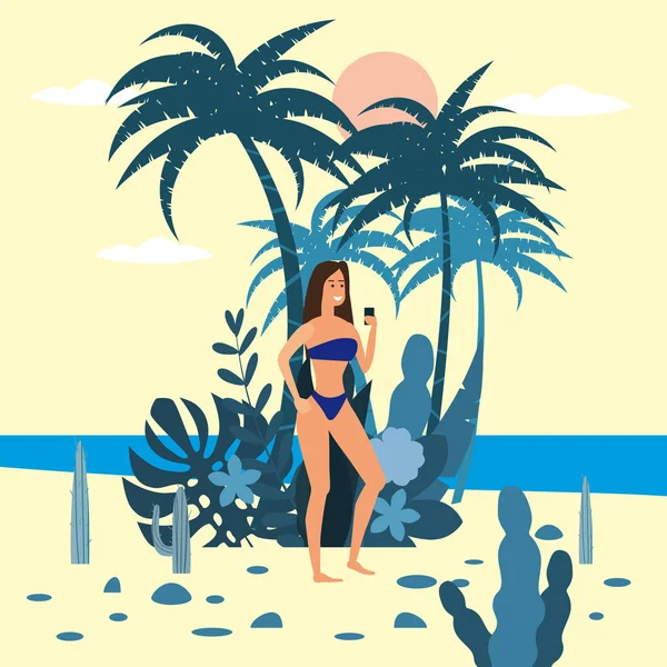 Personaje femenino con smartphone en bikini sobre fondo de plantas exóticas de palma de mar, océano, playa. Tendencia moderna de dibujos animados planos, vector, aislado, cartel — Vector de stock