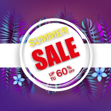Yaz satış afiş şablon reklam promosyon satış Trend holografik tropikal bitki ile çiçek afiş arka plan, egzotik tasarım yaprakları. Tropikal bir zemin. Mevsimlik tasarımınız için promosyon rozeti