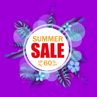 Yaz satışı banner, palmiye yaprakları ile poster, orman yaprağı, degrade holografik. Floral tropikal yaz arka plan. Vektör çizim şablonu