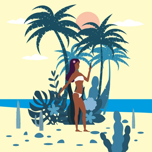 Frauenfigur mit Smartphone im Bikini vor dem Hintergrund exotischer Pflanzen von Palmen, Meer, Strand. Trend moderne flache Karikatur, Vektor, isoliert, Poster — Stockvektor