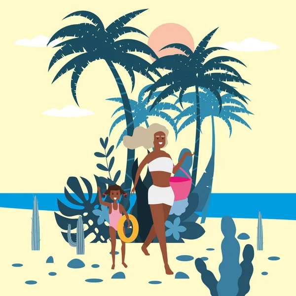 Mother with child girl in bikini with beach bag on background of exotic plants of palm sea, ocean, beach. Trend modern flat cartoon, vector, isolated, poster — Free Stock Photo