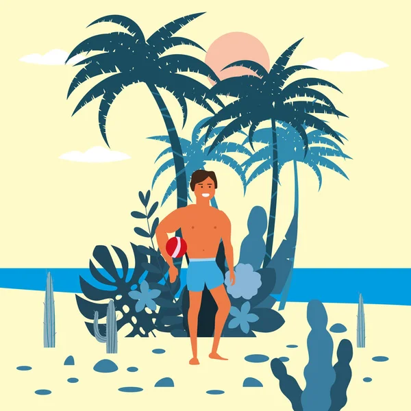 Bărbați de volei pe plajă personaj jucător cu o minge în pantaloni scurți pe fundalul plantelor exotice de palmier mare, ocean, plajă. Trend desene animate moderne plate, vector, izolat, poster — Vector de stoc