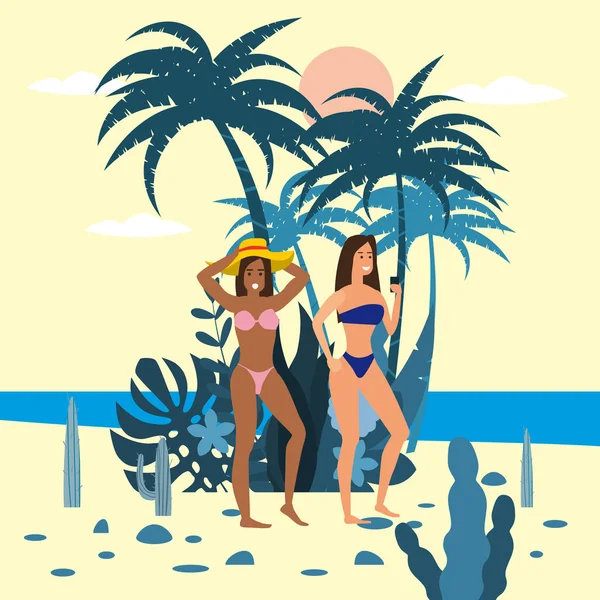 Womens characters with smartphone in bikini and hat on background of exotic plants of palm sea, ocean, beach. Trend modern flat cartoon, vector, isolated, poster — Stock Vector