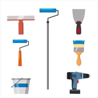 Set araçları boya rulo fırça, macun bıçağı, spatula, fırça, elektrikli tornavida, boya kovası tamir aracı. Ambalaj veya boya aletleri. Vektör illüstrasyon beyaz izole. Karikatür tarzı