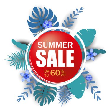 Yaz indirimi afişi, palmiye yapraklı poster, orman yaprağı. Çiçekli tropik yaz geçmişi. Vektör resimleme şablonu