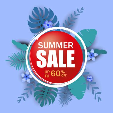 Yaz indirimi afişi, palmiye yapraklı poster, orman yaprağı. Çiçekli tropik yaz geçmişi. Vektör resimleme şablonu