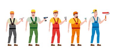 Spatula, elektrikli tornavida, fırça, rulo, karakter, üniforma Vektör illüstrasyon, izole ile profesyonel işçiler ayarlayın. İnşaat sanayi, onarım, yeni ev, bina iç