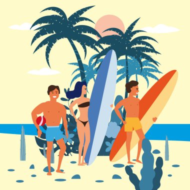 Kadın ve erkek sörfçü ve plaj voleybolu oyuncu karakterleri bikini sörf tahtası ve palmiye denizi, okyanus, plaj egzotik bitkilerin arka planda şort. Trend modern düz karikatür, vektör, izole