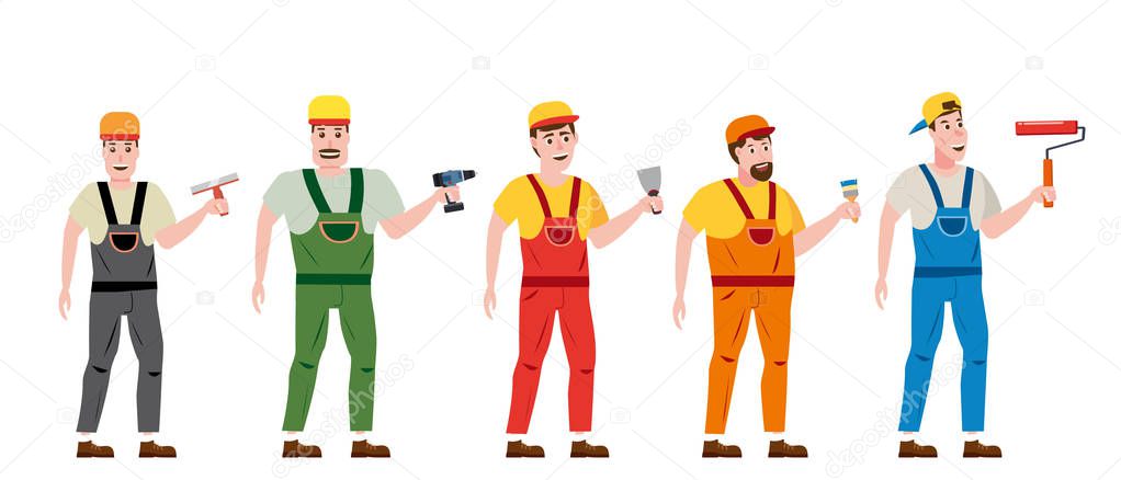 Set professional workers with with spatula, electric screwdriver, brush, roller, character, uniform Vector illustration, isolated. Construction industry, repair, new home, building interior