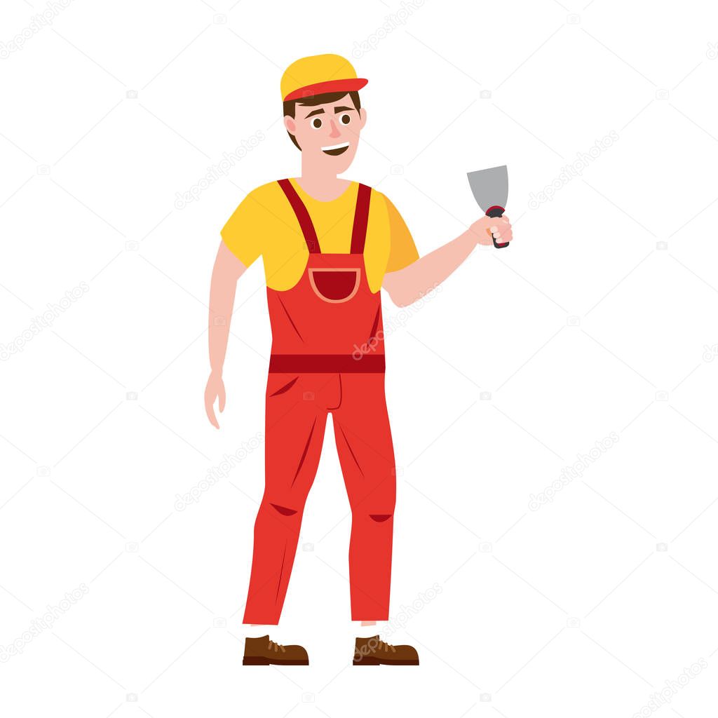 Professional working man with spatula. Vector illustration, isolated. Construction industry, repair, new home, building interior