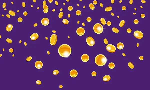 Falling repülő arany érmék pénzt a felső Aranyeső. Ibolyaszínű háttérben. Jackpot vagy siker koncepció. Izolált vektorillusztráció — Stock Vector