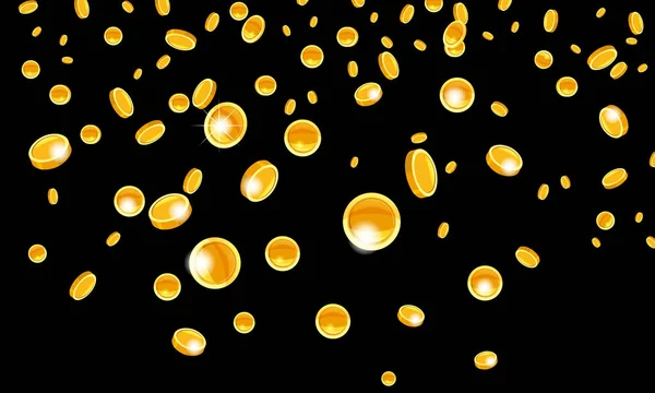 Caduta monete d'oro volante soldi dalla pioggia dorata superiore. Su uno sfondo nero. Jackpot o concetto di successo. Illustrazione vettoriale isolato — Vettoriale Stock