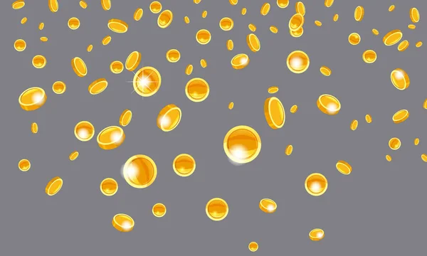 Caduta monete d'oro volante soldi dalla pioggia dorata superiore. Su uno sfondo grigio. Jackpot o concetto di successo. Illustrazione vettoriale isolato — Vettoriale Stock