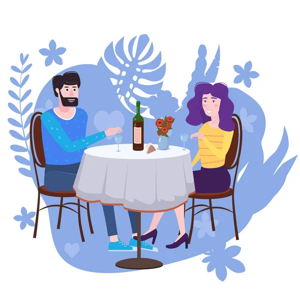 La pareja cariñosa está bebiendo vid en el café. Un hombre y una mujer enamorados en una cita están sentados en una mesa. Amor amistad y comunicación, concepto de fondo de flora. Ilustración vectorial aislado estilo plano — Archivo Imágenes Vectoriales