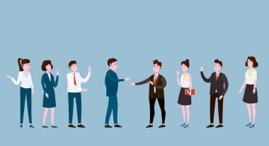 İş adamları toplantı, takım çalışması veya beyin fırtınası. Adam patronlar iş görüşmeleri yapmak meslektaşları önünde konuşuyor. Düz çizgi film tarzı tasarım vektör illüstrasyon