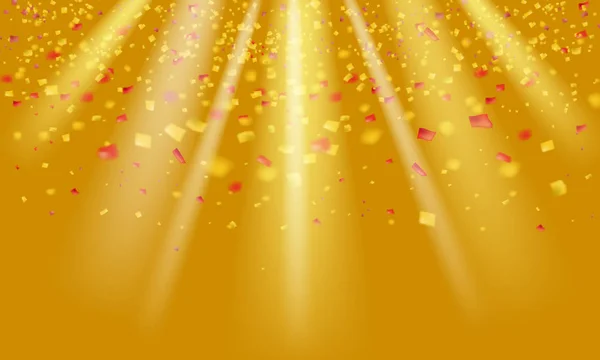 Gouden glitter realistische confetti en klater vliegen op gele vakantie vector grafisch ontwerp. Regen vliegende Sparkle elementen, goud folie gradiënt serpentine confetti vallende Kerst Vector geïsoleerd — Gratis stockfoto