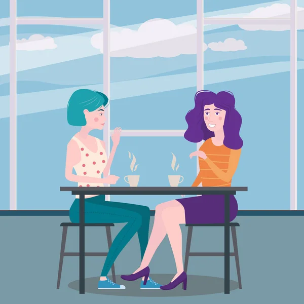 Bir kafede iki kız arkadaş romantik toplantı. Sandalyelerde kahve içerken oturun, toplantı ve sohbetten eğlenin ve dinlenin. Dostluk ve iletişim, iç restoran arka plan — Stok Vektör