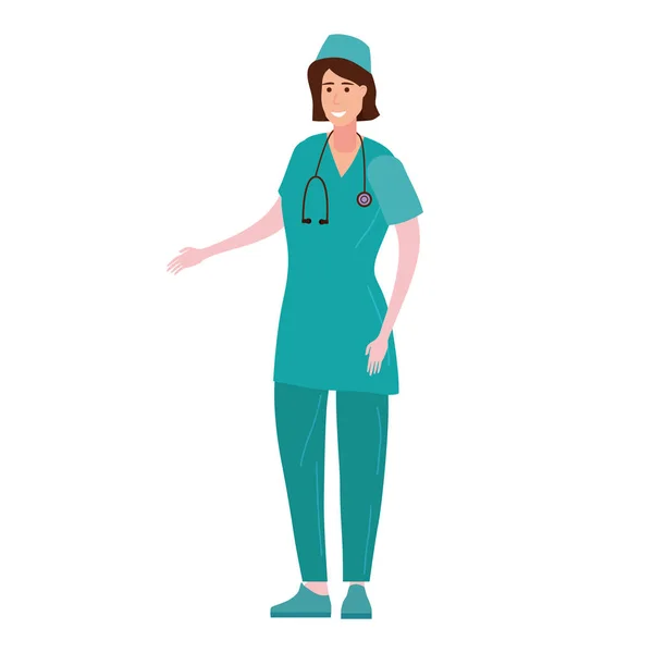 Enfermera en ropa profesional, el personaje con un estetoscopio se está preparando para dar consejos. Ilustración vectorial de un fondo blanco aislado — Archivo Imágenes Vectoriales
