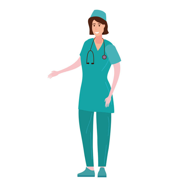 Nurse in professional clothes, the character with a stethoscope is preparing to give advice. Vector illustration of an isolated white background