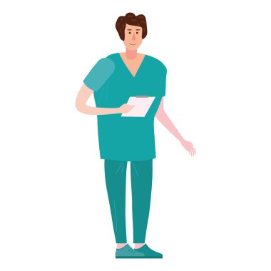 Doktor profesyonel giysiler içinde, karakter tavsiye vermeye hazırlanıyor. Yalıtılmış beyaz arka planın vektör çizimi