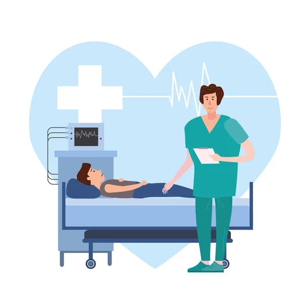 Médico consultando a pacientes jóvenes en una cama médica la habitación del hospital. Hospitalización del paciente. Concepto de medicina y salud. Ilustración vectorial personaje plano de dibujos animados — Vector de stock