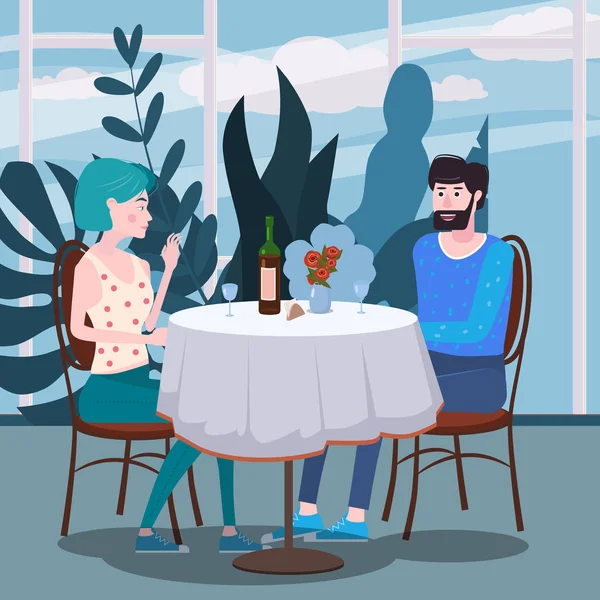 愛するカップルはカフェでつるを飲んでいます。デートで恋に落ちた男女が居心地の良い花のインテリアレストランのテーブルに座っている。トレンディなフラットスタイルのベクトルイラスト — ストックベクタ