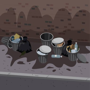 Sıralanmamış çöp konteynerleri sokak dışına atılır. Çöplükte çöp ve çöp torbaları var. Çirkin kokan ve çürümeye başlayan atık yığınının olduğu bir sahne. Vektör