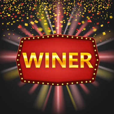 Kazanan parlayan lambalar ile vintage çerçeve tebrikler, düşen altın konfeti kurdeleler ile altın tebrik çerçeveli işareti. Çerçeve etiketi afiş şablonu. Kazananlar piyango oyunu jackpot ödül poker