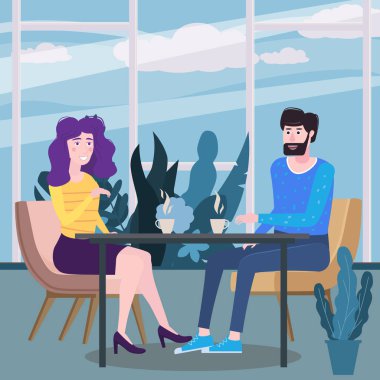 Sevgi dolu çift kafede kahve içiyor. Bir adam ve tarihte aşık bir kadın rahat bir çiçek iç restoranda bir masada oturuyor. Trendy düz tarzda vektör illüstrasyonu