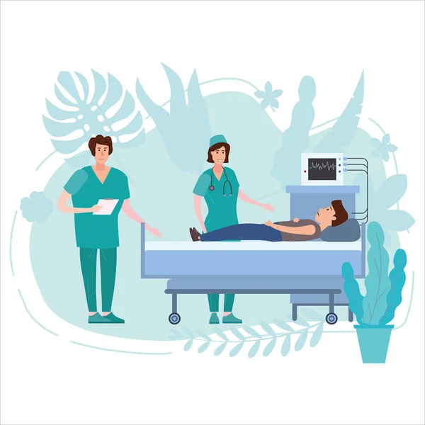 Krankenschwester und Ärztin beraten junge Männer in einem medizinischen Bett mit blumigem Hintergrund. Krankenhausaufenthalt des Patienten. Medizin und Gesundheitskonzept. Vektor Illustration flache Karikatur — Stockvektor