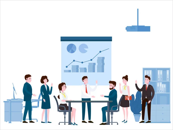 Presentatie van het project, Business People Meeting, teamwork of brainstormen. De mens spreekt voor zijn collega's. Vector illustratie van een platte cartoon stijl ontwerp — Stockvector