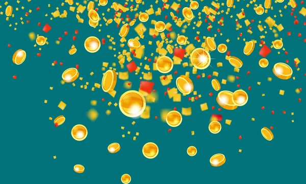 Cadendo monete d'oro volanti con fili di lame soldi dalla pioggia dorata superiore. Su sfondo verde. Jackpot o concetto di successo. Illustrazione vettoriale isolato — Vettoriale Stock
