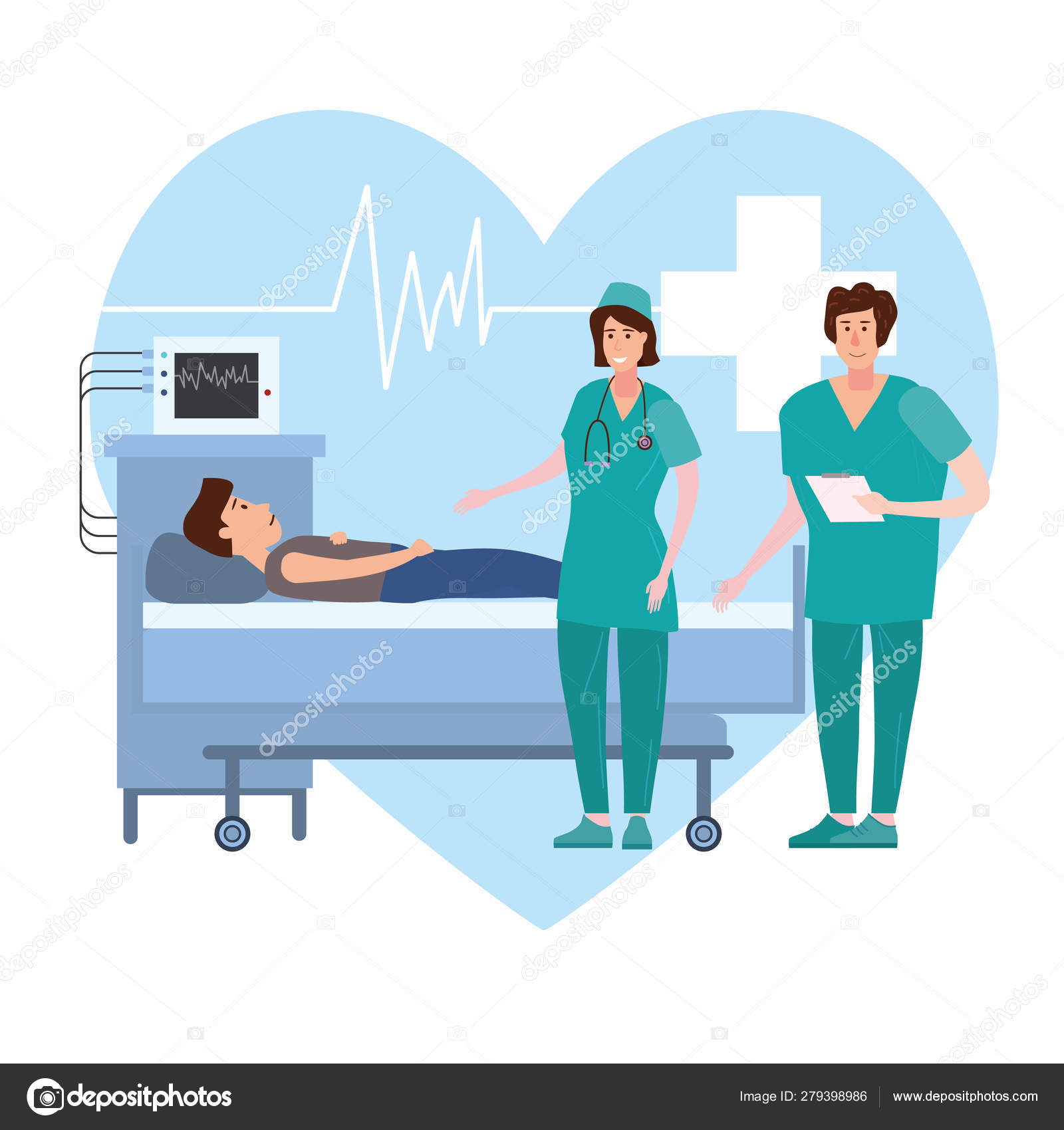 Medical team nurse and doctor consulting patient young men in a medical bed the hospital room. Hospitalization of the patient. Medicine and healthcare concept. Vector illustration flat cartoon Stock Vector Image by © Medical team nurse and doctor consulting patient young men in a medical bed the hospital room. Hospitalization of the patient. Medicine and healthcare concept. Vector illustration flat cartoon Stock Vector Image by ©