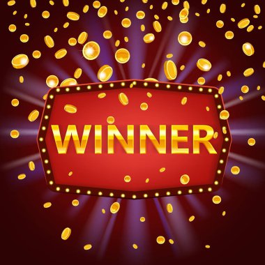 Kazanan çerçeve etiketi afiş şablonu. Parlayan lambalar ile tebrikler vintage çerçeve kazanın, düşen altın sikke konfeti kurdeleler ile altın tebrik çerçeveli işareti. Kazananlar piyango oyunu jackpot ödülü