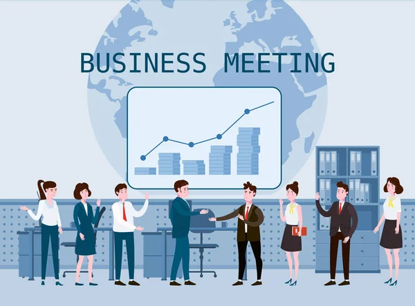 Business people meeting, teamwork or brainstorming, presentation of the project. Man bosses conduct business negotiations speaks before his colleagues. Vector illustration of a flat cartoon style — Stock Vector