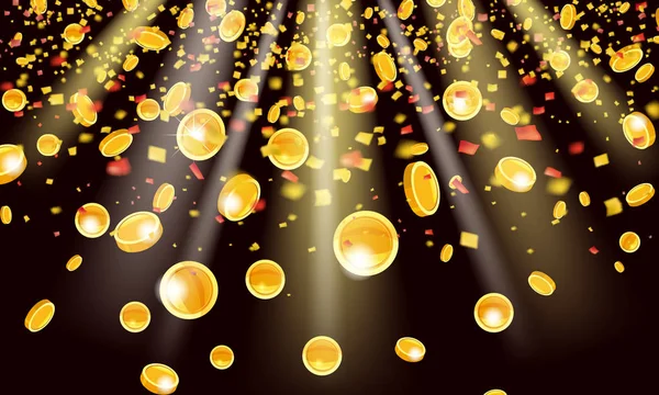 Sclipici de aur monede confetti realiste și tinsel care zboară pe design grafic vectorial de vacanță neagră. Ploaie care zboară elemente strălucitoare, folie de aur gradient serpentine confetti care cad vector de Crăciun izolat — Vector de stoc