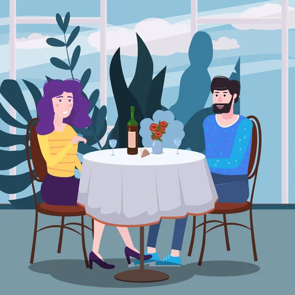 La pareja cariñosa está bebiendo vid en el café. Un hombre y una mujer enamorados en la cita están sentados en una mesa en un acogedor restaurante interior floral. Ilustración vectorial en un estilo plano de moda — Archivo Imágenes Vectoriales