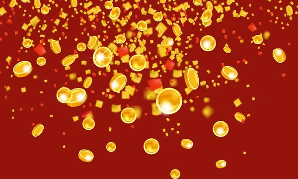 Cadendo monete d'oro volanti con fili di lame soldi dalla pioggia dorata superiore. Su uno sfondo rosso. Jackpot o concetto di successo. Illustrazione vettoriale isolato — Vettoriale Stock