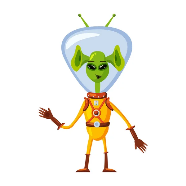 Alien in una tuta spaziale, un fantastico personaggio umanoide divertente, un mostro. Illustrazione vettoriale isolato stile cartone animato — Vettoriale Stock