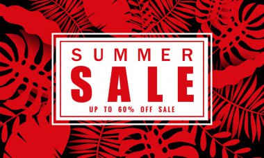 Tropikal yaprakları arka plan, renk egzotik çiçek tasarım afiş, el ilanı, davetiye, poster, web sitesi veya tebrik kartı ile mevsimlik satış için Yaz satış afiş şablonu. Kağıt kesme stili, vektör