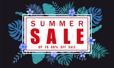 Tropikal yaprakları arka plan, renk egzotik çiçek tasarım afiş, el ilanı, davetiye, poster, web sitesi veya tebrik kartı ile mevsimlik satış için Yaz satış afiş şablonu. Kağıt kesme stili, vektör