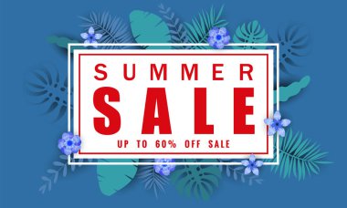 Tropikal yaprakları arka plan, renk egzotik çiçek tasarım afiş, el ilanı, davetiye, poster, web sitesi veya tebrik kartı ile mevsimlik satış için Yaz satış afiş şablonu. Kağıt kesme stili, vektör