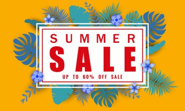 Tropikal yaprakları arka plan, renk egzotik çiçek tasarım afiş, el ilanı, davetiye, poster, web sitesi veya tebrik kartı ile mevsimlik satış için Yaz satış afiş şablonu. Kağıt kesme stili, vektör