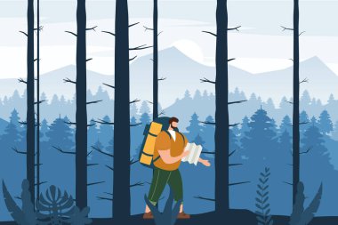Harita ve sırt çantası ile turist adam açık turistik aktivite yapıyor. Orman ağaçları dağ manzarası. Macera seyahat, yürüyüş yürüyüş gezisi turizm vahşi doğa trekking. Düz karikatür renkli