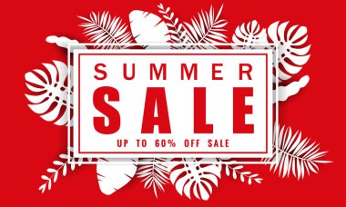 Tropikal yaprakları arka plan, renk egzotik çiçek tasarım afiş, el ilanı, davetiye, poster, web sitesi veya tebrik kartı ile mevsimlik satış için Yaz satış afiş şablonu. Kağıt kesme stili, vektör