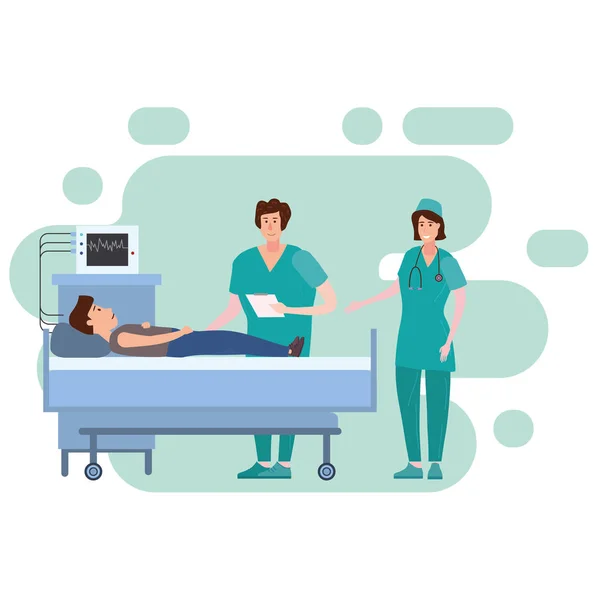 Ιατρική ομάδα νοσοκόμα και γιατρός συμβουλεύεται ασθενή νεαρούς άνδρες σε ένα ιατρικό κρεβάτι στο δωμάτιο του νοσοκομείου. Νοσηλεία του ασθενούς. Ιατρική και υγειονομική περίθαλψη. Απεικόνιση διανύσματος επίπεδη κινούμενα σχέδια — Διανυσματικό Αρχείο